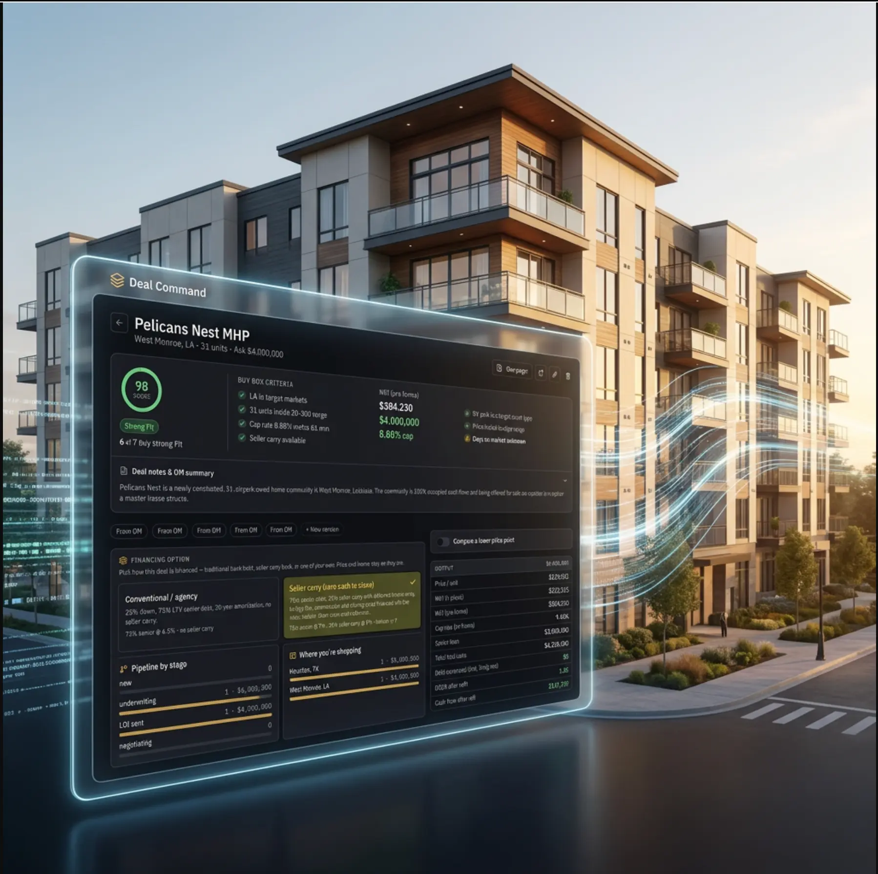 Deal Command showing a scored property with buy box criteria and financing options