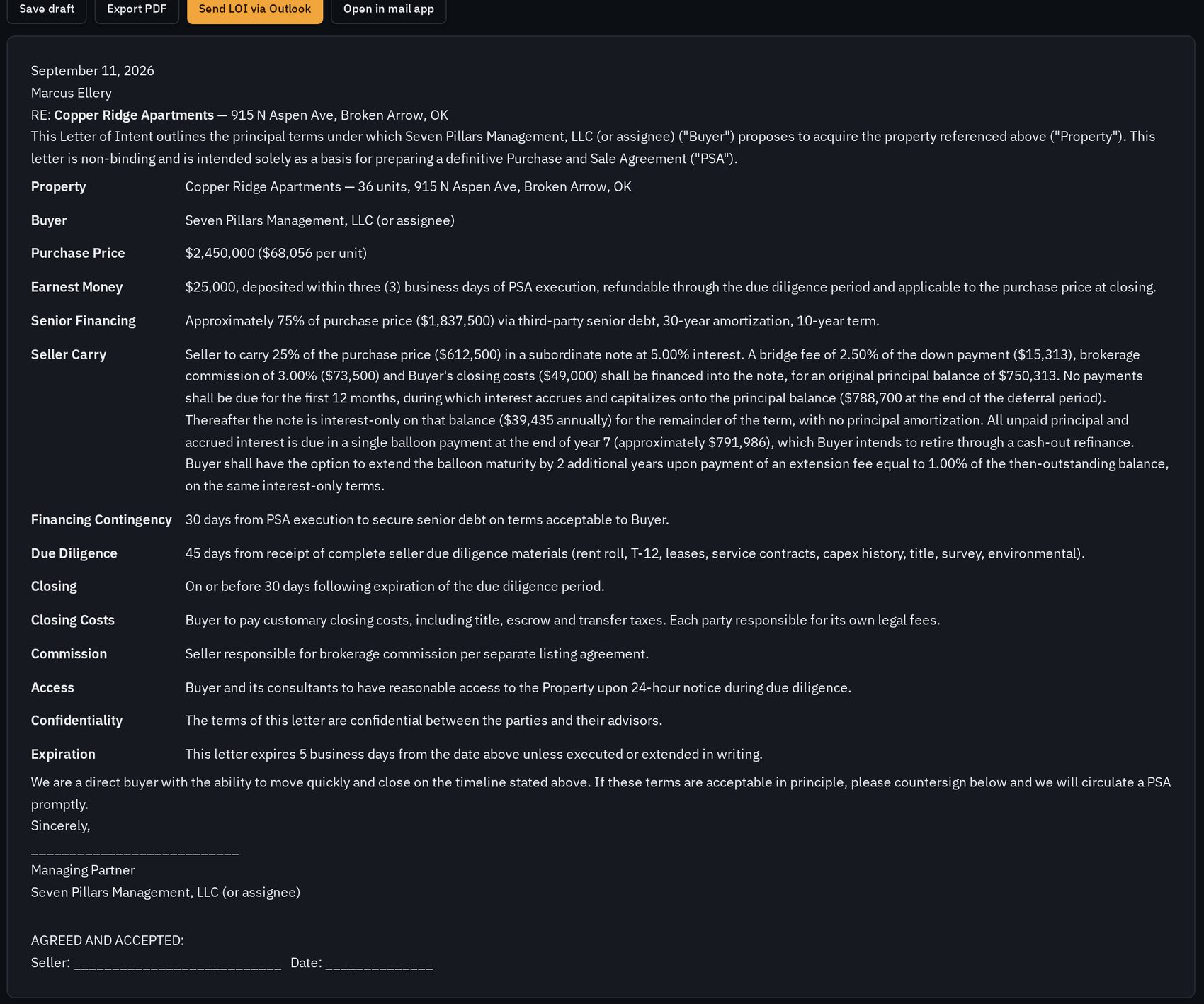 Generated letter of intent with purchase price, earnest money, senior financing and seller carry terms, ready to export to PDF or send from Outlook
