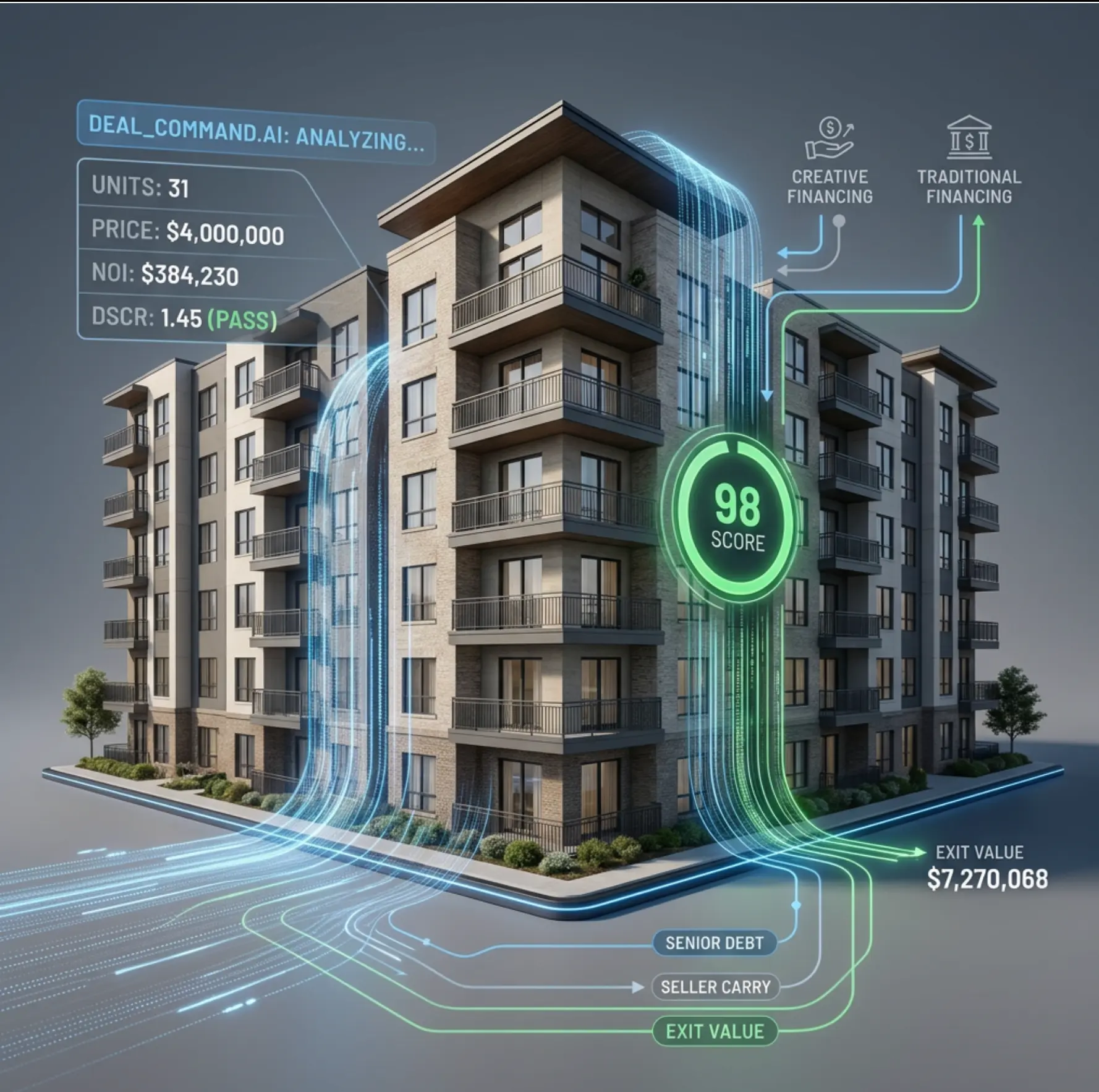 Deal analysis showing units, price, NOI, DSCR, financing paths and exit value