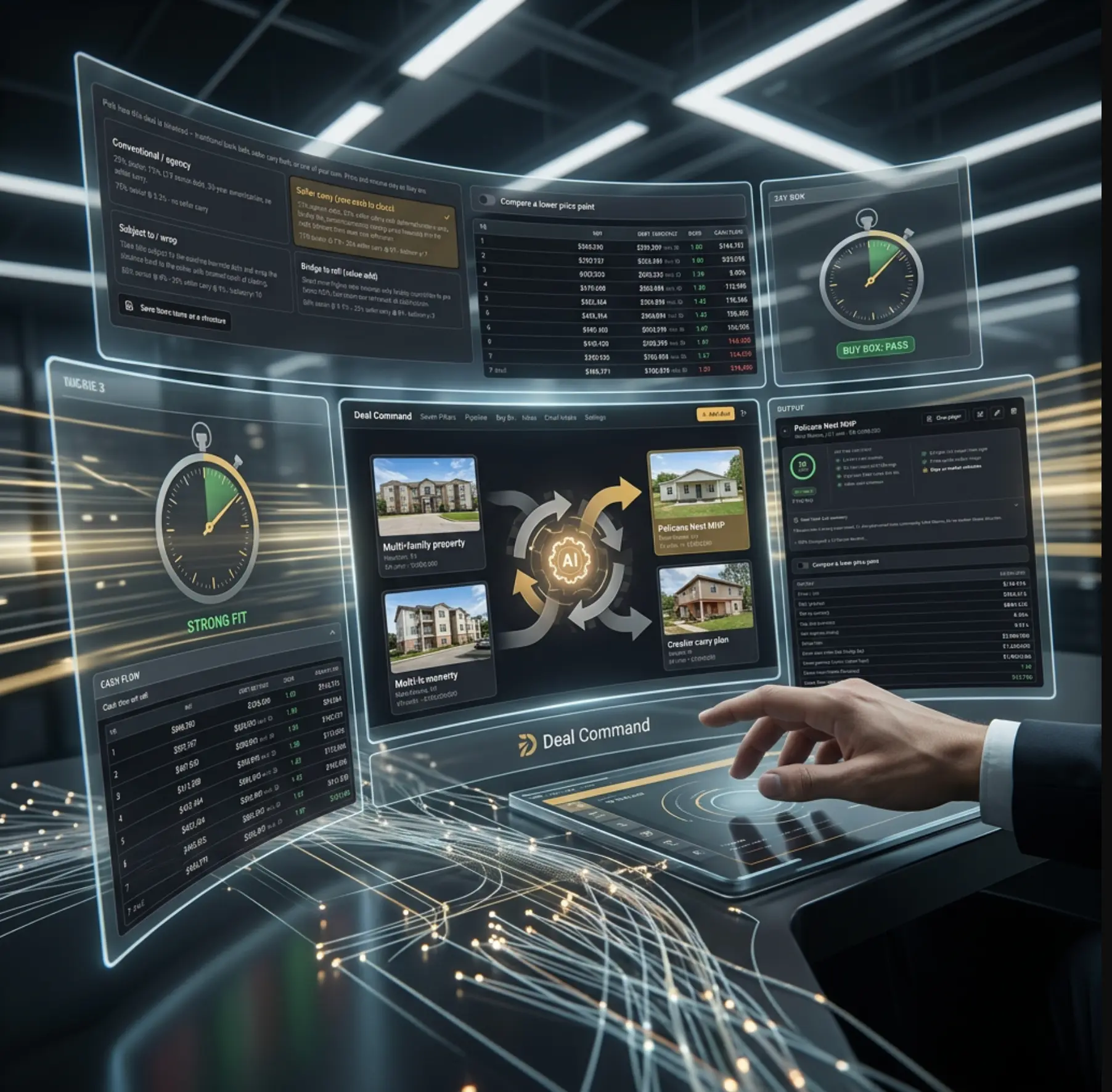 Deal Command workspace with pipeline, cash flow, buy box and financing structure panels